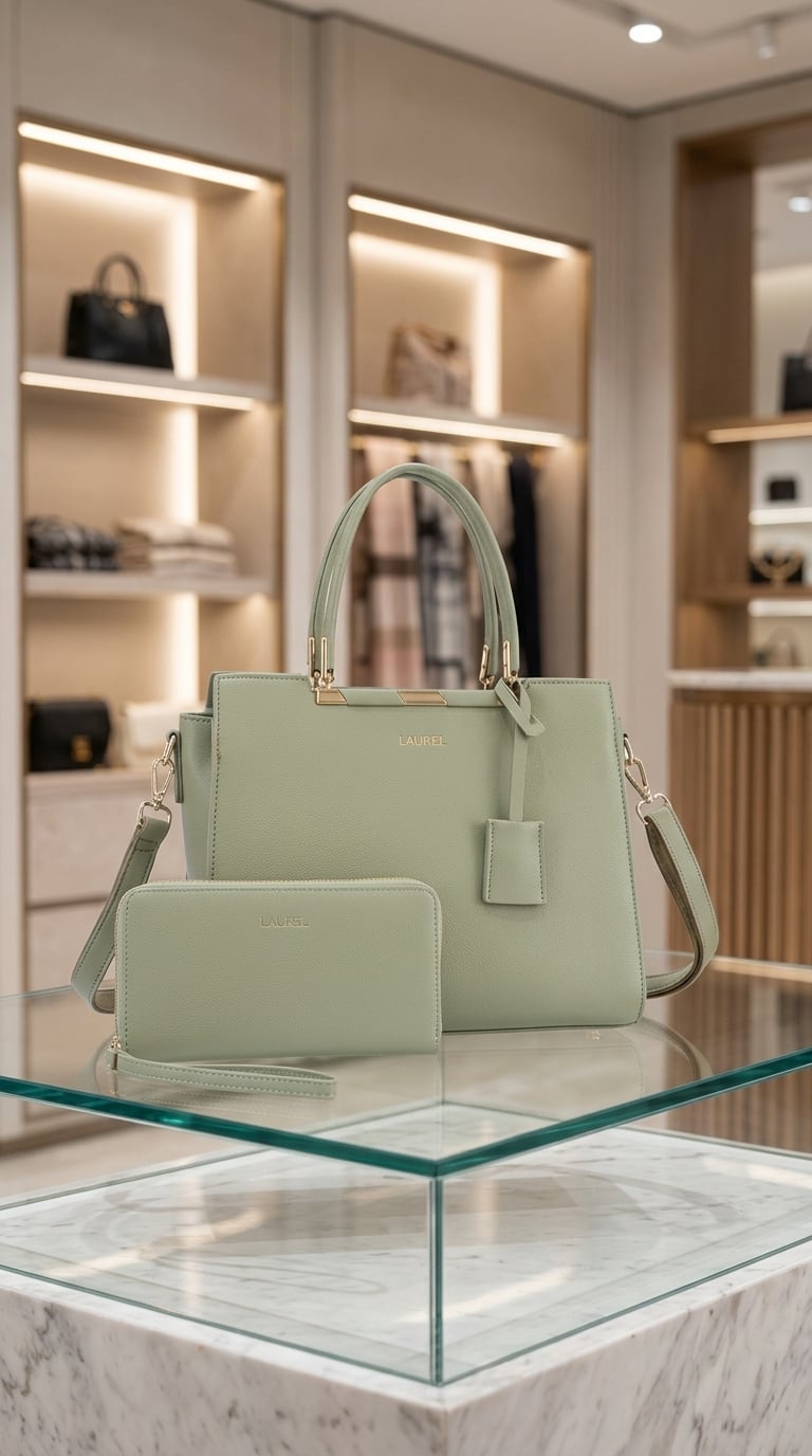 Sac à main Vert Amande Grainé & Portefeuille Assorti
