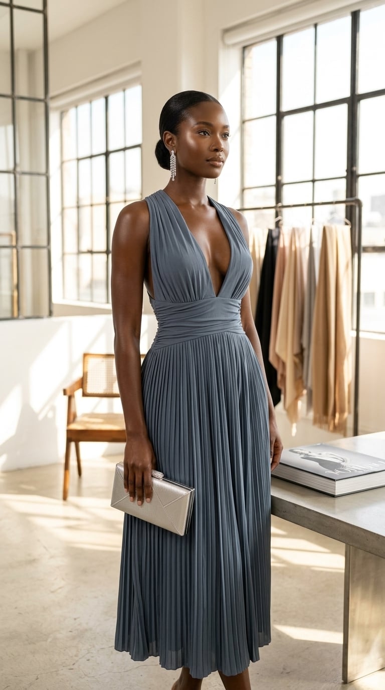 Robe Midi "Élégance Ardoise" Plissée