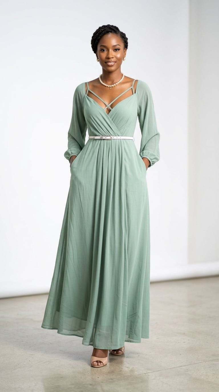 Robe Maxi "Sauge Aérienne" à Manches Bouffantes